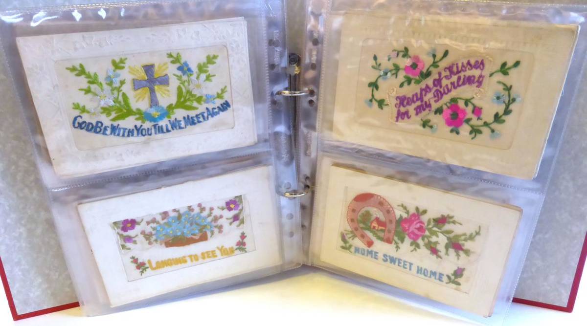 Lot 128 - Sixty Two Embroidered Silk !st World War Postcards, sentimental and regimental, including Middlesex
