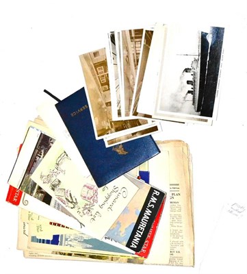 Lot 163 - A Collection of Ocean Liner Ephemera, including postcards and menus, featuring Mauritania and Queen