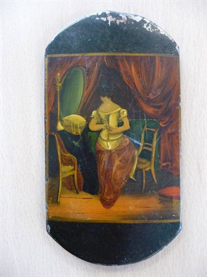 Lot 16 - Erotica A Regency toleware cigar case, one side with a painting of a woman tying/untying her...