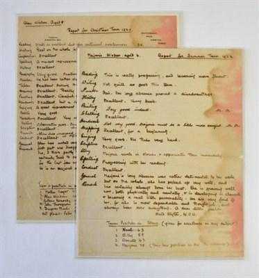 Lot 18 - Blyton (Enid) Two handwritten school reports for Marjorie Wisdom aged 6, Summer term 1923, and Alan