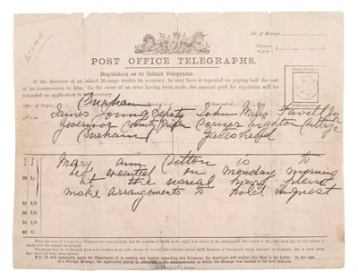 Lot 52 - FOUR DOCUMENTS ON THE DEATH OF MARY ANN COTTON - Telegram from James Young, Deputy Governor of...