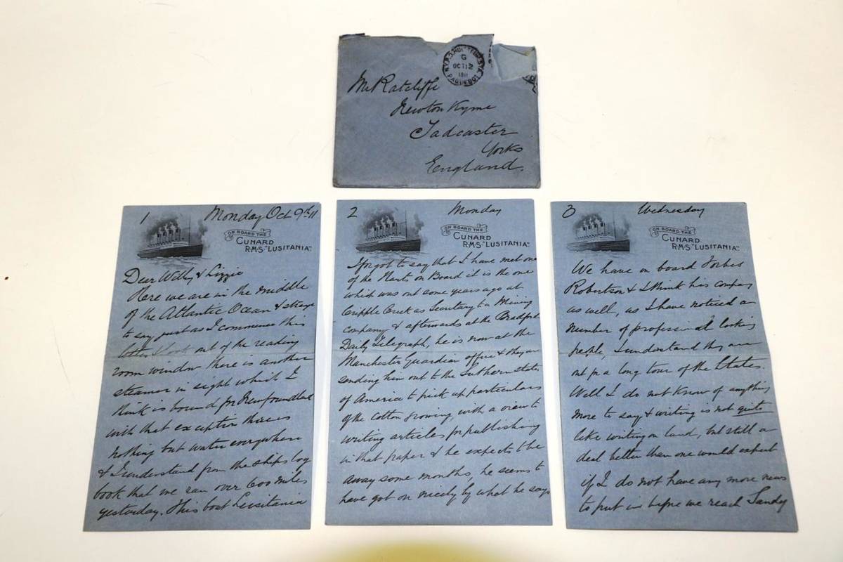 Lot 17 - PASSENGER'S LETTER FROM R.M.S. LUSITANIA Autograph Letter written during cruise from Liverpool...