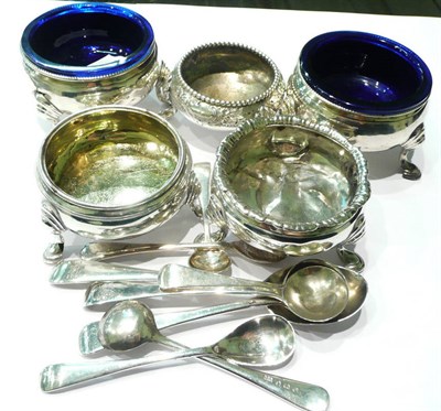 Lot 1 - Pair of Georgian silver salts and liners, three further silver salts and eight silver spoons,...
