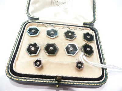 Lot 3 - A cased set of cufflinks and dress studs, set with diamonds
