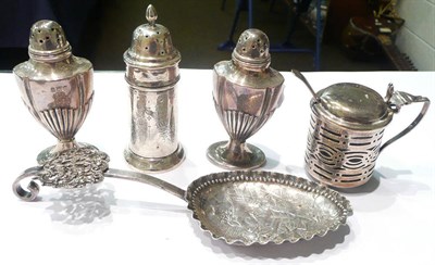 Lot 7 - Pair of silver pepperettes, a single silver pepper, a silver mustard pot, a Muller spoon...