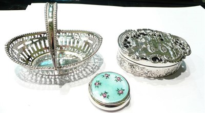 Lot 9 - Silver trinket box, silver basket and silver and enamelled pill box