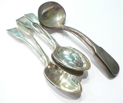 Lot 29 - Five fiddle pattern dessert spoons and a pair of fiddle sauce ladles, approx 11oz
