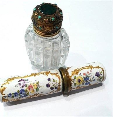 Lot 45 - 19th century cut scent bottle with gilt metal mounts and enamel decoration and an enamel scent...