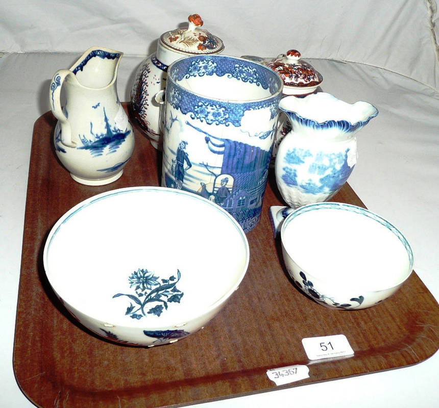 Lot 51 - A group of seven English porcelain and pottery items, including a Liverpool type compressed...