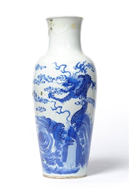 Lot 55 - A Chinese blue and white porcelain 'dragon' vase, Kangxi period, six character mark (cracked...