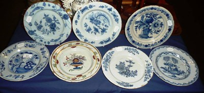 Lot 61 - A collection of seven English and Continental tin glaze plates, 18th century