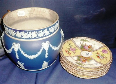 Lot 67 - A Wedgwood blue and white jasperware jardiniere and six Dresden plates