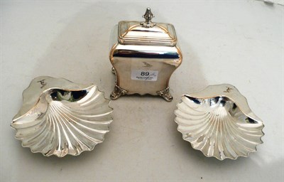 Lot 89 - A pair of Sheffield plate scallop butter dishes and a tea caddy
