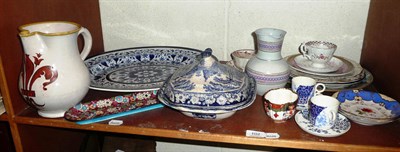Lot 102 - Blue and white oval meat plate, various cabinet plates, 19th century tea wares, painted oval...
