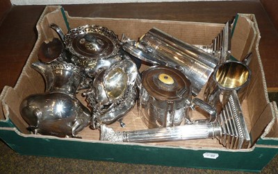 Lot 106 - Two silver plate tea services and a pair of candlesticks