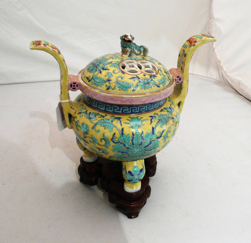 Lot 116 - A Chinese yellow ground censer, cover and wood stand