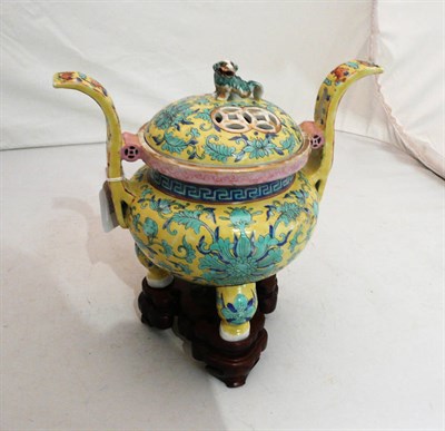 Lot 116 - A Chinese yellow ground censer, cover and wood stand