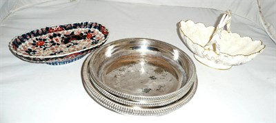 Lot 120 - A pair of silver plated entree dishes, Coalport basket and an Imari dish