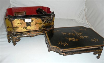 Lot 132 - Two black lacquer and gilt stands, similar boxes and trays etc (part of a games box etc)