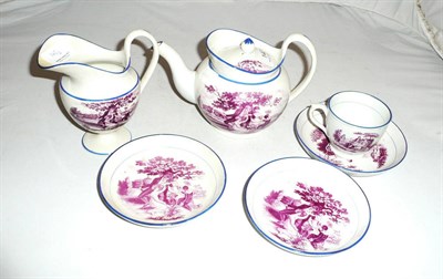 Lot 142 - A Regency pearlware and purple transfer printed three piece teaset, and two similar saucers