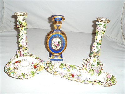 Lot 162 - A pair of floral encrusted candlesticks (a.f.), encrusted dish and another and a Paris...