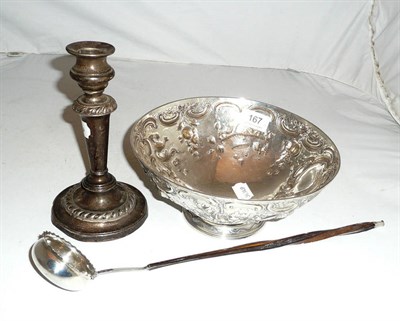Lot 167 - George III bowl, Georgian stick and loaded candlestick