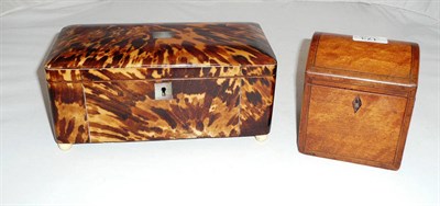 Lot 173 - A wide tortoiseshell veneered two division tea caddy and a small satin wood tea caddy with a...