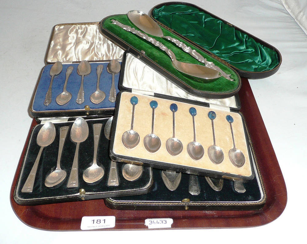 Lot 181 - Four cased sets of silver spoons including grapefruit, two for tea and coffee and a cased pair...