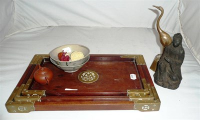 Lot 185 - Tray of oriental ware including small red ware teapot, bronze Buddha, crane, snuff bottle, etc