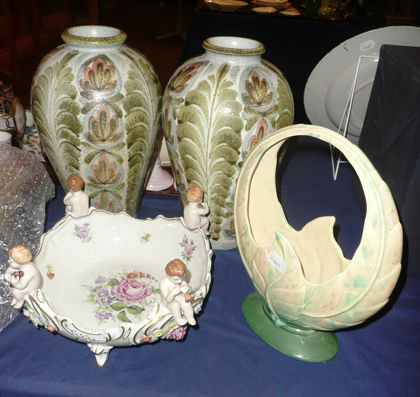Lot 309 - Pair of Denby vases incised 'Glyn Colledge', signature to base, Beswick vase and a Continental...