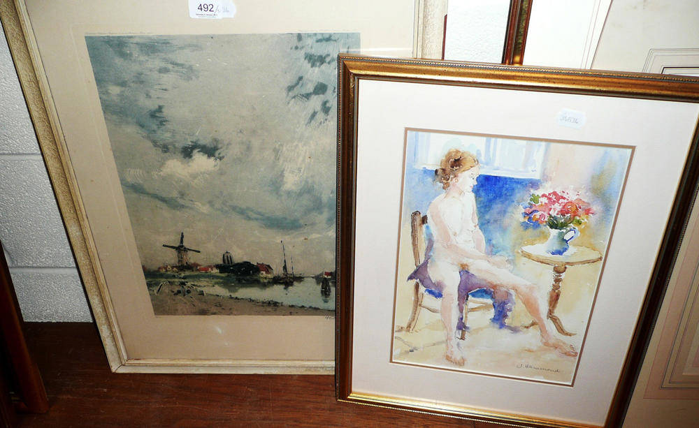 Lot 492 - Two pictures - girl posing and a Dutch windmill scene