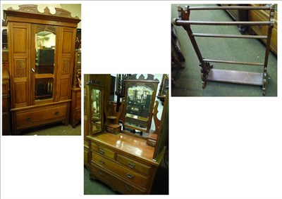 Lot 572 - Late Victorian walnut wardrobe, dressing chest and towel rail