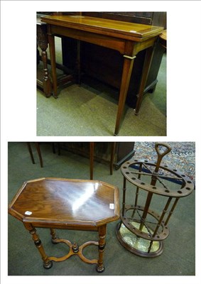 Lot 575 - Reproduction walnut side table, stick stand and fold over card table (3)