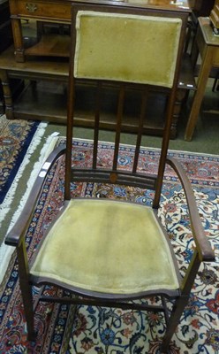 Lot 605 - Arts and Crafts mahogany and satinwood open armchair