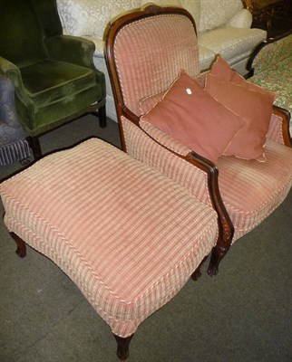 Lot 645 - A walnut French style upholstered chair and stool