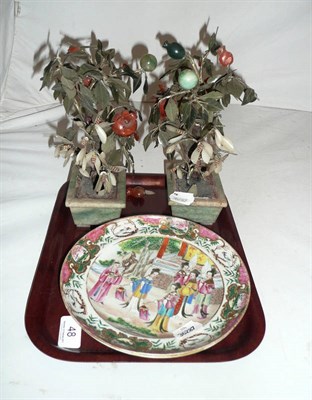 Lot 48 - A pair of 19th century Chinese Canton plates and two small ornamental Jade type tree ornaments