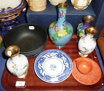 Lot 64 - Islamic dish, Wedgwood bowl, Japanese red glazed cup and saucer, pair of cloisonne vases and...