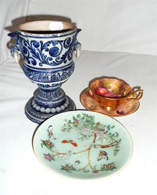Lot 74 - Royal Worcester fruit-painted cup and saucer, pair of Chinese sleeve panels, Indian weights, etc