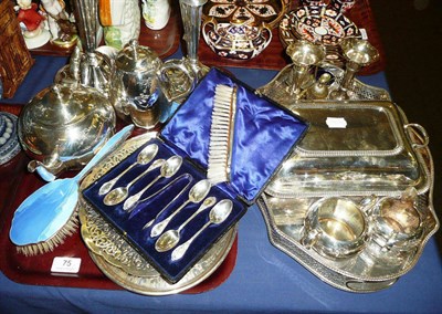 Lot 75 - A pair of plated candlesticks, an enamel three piece dressing table set, etc