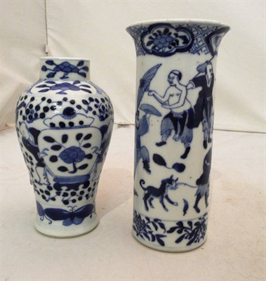 Lot 114 - 19th century Chinese export blue and white small cylindrical vase and another blue and white...