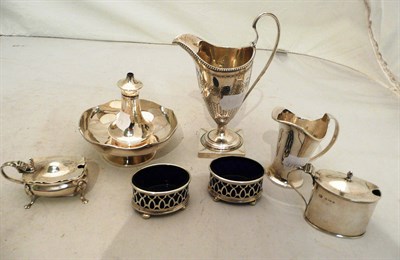 Lot 130 - A Georgian silver helmet-shaped cream jug, pair of salts and four other items