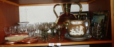 Lot 145 - A shelf including wine glasses, copper and brass vase etc