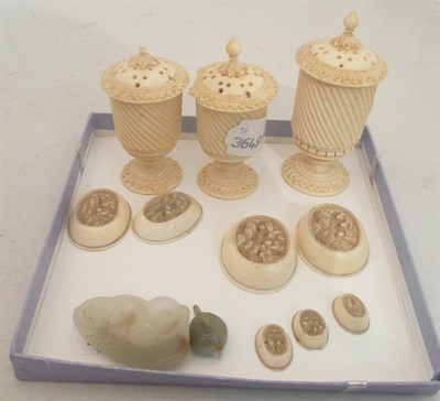 Lot 146 - Ivory condiments, ivory brooches and two pieces of jade