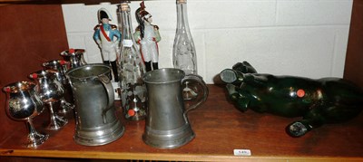 Lot 149 - Two pewter tankards, pair of etched glass bottles, four plated goblets, pair of ceramic...