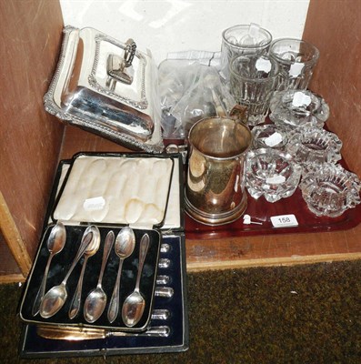 Lot 158 - A Sheffield plate mug, a spirit flask, a pair of entree dishes, cased tea knives, cased silver...