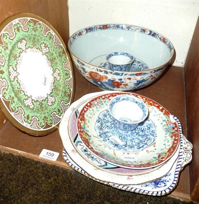 Lot 159 - Chinese Imari punch bowl, three Coalport plates, two blue and white teabowls and saucers, a...