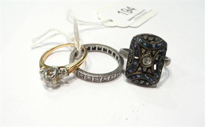 Lot 194 - A diamond solitaire ring, a diamond full eternity ring and a diamond and sapphire ring (a.f.)