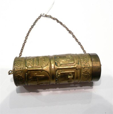 Lot 196 - A scarce Victorian embossed brass cylindrical container with an early locomotive and carriage,...