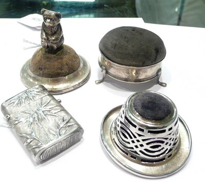 Lot 200 - Chinese white metal vesta, white metal pin cushion, silver pin cushion on three feet and a...