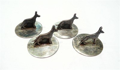 Lot 216 - Set of silver Alsatian dog menu holders, Chester 1937